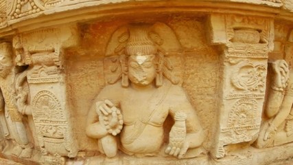 hindu angry goddess Mahavidya with destroyed face and four hands ancient bas-reliefs on old temple southern indian style of architecture Bhubaneswar Odisha
