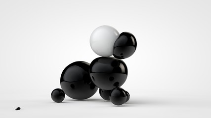 3D illustration of black deformed balls around white ball, isolated image on white background. Unusual figures, abstraction. 3D rendering