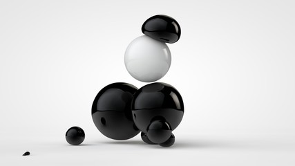 3D illustration of black deformed balls around white ball, isolated image on white background. Unusual figures, abstraction. 3D rendering