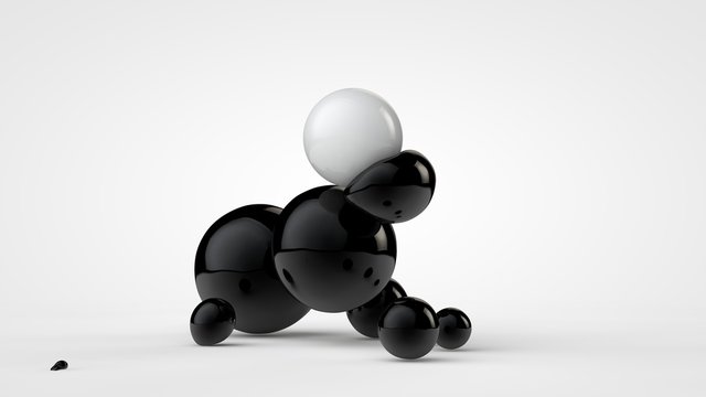 3D illustration of black deformed balls around white ball, isolated image on white background. Unusual figures, abstraction. 3D rendering