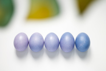 dyed eggs purple with a green leaf on a light background of Easter