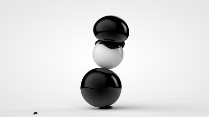 3D illustration of black deformed balls around white ball, isolated image on white background. Unusual figures, abstraction. 3D rendering