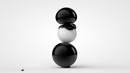 3D illustration of black deformed balls around white ball, isolated image on white background. Unusual figures, abstraction. 3D rendering