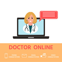 Online medical consultation and support. Online doctor consultation using laptop. Vector illustration template for brochure or greeting card