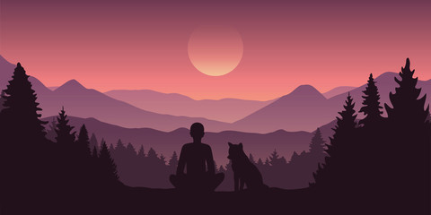man and his dog beautiful red mountain forest landscape vector illustration EPS10 © krissikunterbunt