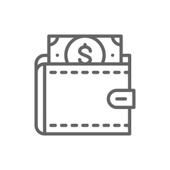 Wallet with dollars, save money, invest line icon.