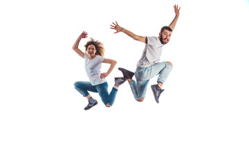 Fototapeta na wymiar Woman and man jumping