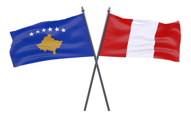 Kosovo and Peru, two crossed flags isolated on white background. 3d image