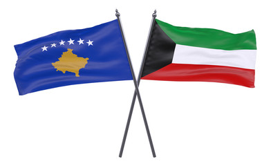 Kosovo and Kuwait, two crossed flags isolated on white background. 3d image