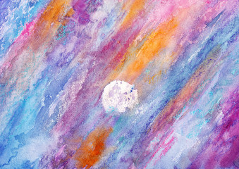 Bright night. Moon in clouds. Watercolor landscape