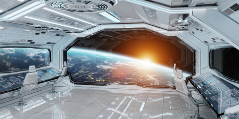 White clean spaceship interior with view on planet Earth 3D rendering © sdecoret