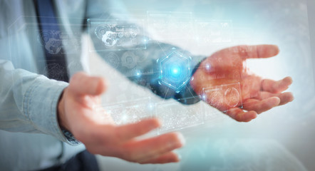 Fototapeta premium Businessman using digital technological interface with datas 3D rendering