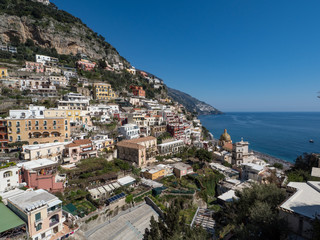 Obraz premium Positano Village. Beautiful morning scenery. Summer vacation in Italy. Beautiful Campania.A sunny day in Positano. The best beaches of Italy. April, 2019