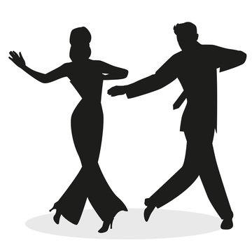 Silhouettes of young couple dressed in retro clothes, dancing tap, swing or Broadway style, isolated on white background