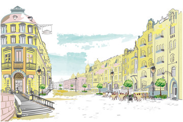 Fototapeta premium Series of backgrounds decorated with flowers, old town views and street cafes. Hand drawn vector architectural background with historic buildings. 