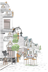 Series of backgrounds decorated with flowers, old town views and street cafes.    Hand drawn vector architectural background with historic buildings. 