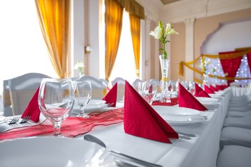 Large dining hall with tables set up