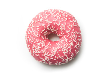 Closeup of pink doughnut on white background on top view