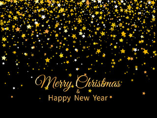 2020 Merry Christmas and Happy New Year. Golden stars and text on dark background. New Year 2020 greeting card.