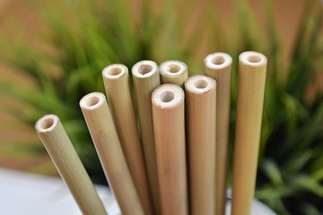 Say NO to plastic, natural bamboo drinking straws, close up view.
