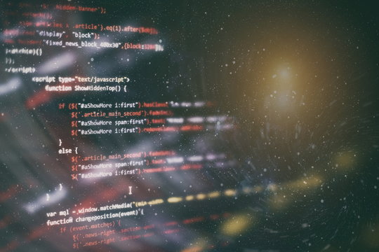 CSS, JavaScript and HTML usage. Monitor closeup of function source code. Abstract IT technology background. Software source code.