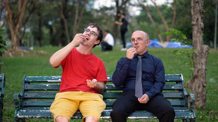 Accidentally Meeting Friend At Park And Then Eating Healthy Food on Park Bench