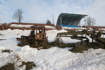 Old rusty damaged car in the Historical and Cultural Complex Stalin Line in Loshany near Minsk, Belarus