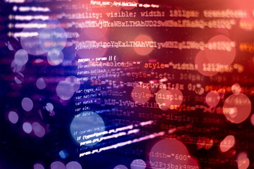 Javascript functions, variables, objects. Project managers work new idea. Future technology creation process.
