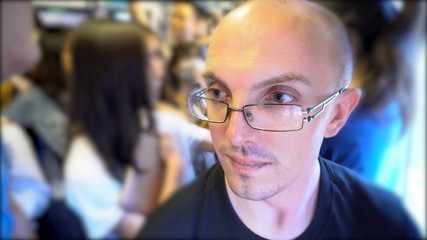 Face Close Up of Man inside Crowded Subway Train During Rush Hour