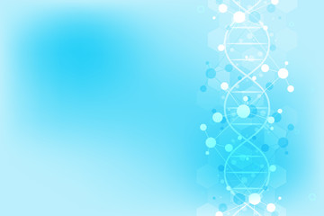 DNA strand and molecular structure. Genetic engineering or laboratory research. Background texture for medical or scientific and technological design.