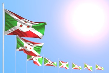 pretty holiday flag 3d illustration. - many Burundi flags placed diagonal with selective focus and free space for your text