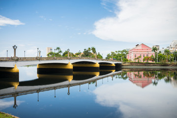 Recife, Brazil - Circa April 2019: Bridge and a view of the historic neighborhood Santo Antonio...