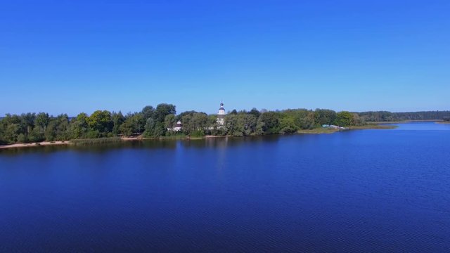 Aerial View Of Water Surface, Strand And Monastery On Lake Seliger, Russia 2