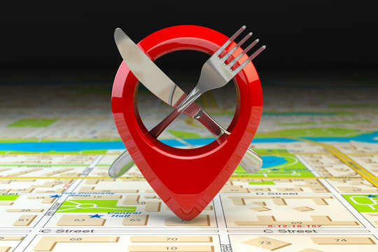 Food, restaurant or cafe location and direction concept. Pin or map point with fork nife and on  map of city.