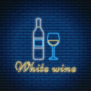 White wine bottle and glass with lettering in neon style on brick background. Cocktail bar symbol, logo, signboard.