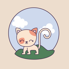 cute cat animal in frame circular with landscape