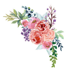 Watercolor vintage floral rose sunflower peony Gerbera and abstact flower or leaves composition Pink navy blue marsala yellow coral purple magenta and garnet Floral Bouquet Feathers Isolated