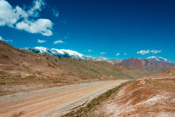 Kygyzstan-Tajikistan Border - Aug 20 2018: Kyzylart Pass (4280m) on The Pamir Highway (M41 Highway) in border of Kygyzstan - Tajikistan, Pamir mountains.