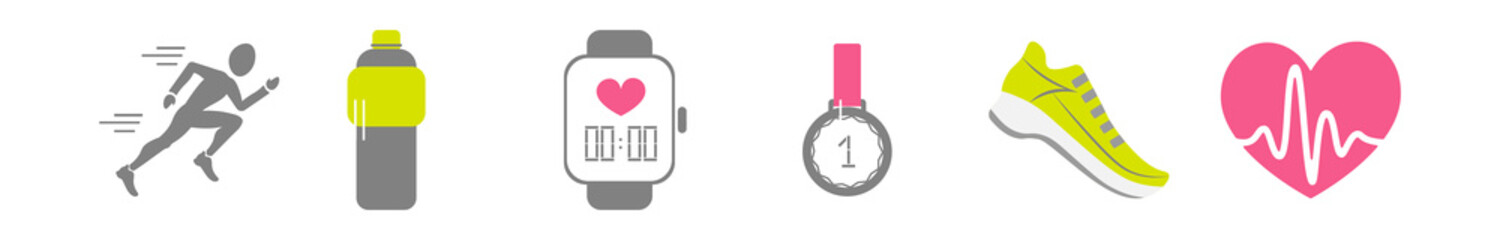 Vector set of running sport icons - jogging person, running shoe, beating heart with pusle, bottle of isotonic or water, smart watch, medal of winner, wireless earphones, sport timer, weigh scale