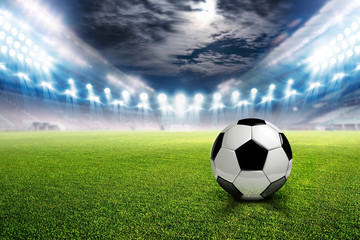 Football stadium soccer with football, lights at night 3d rendering