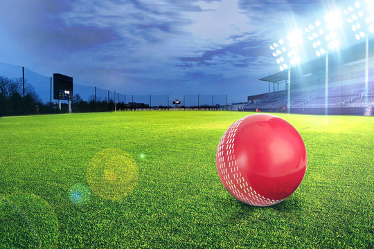 Cricket stadium with ball in lights and flashes 3d render