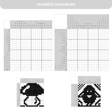 Education Puzzle Game for school Children. Mushroom and bird. Black and white japanese crossword with answer. Nonogram. Coloring book for kids