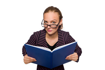 Young woman in purple costume with notes