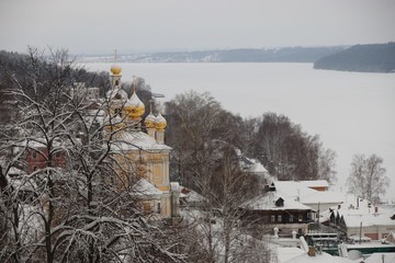 view of the temple and the frozen river
