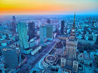 WARSAW, POLAND - APRIL 07, 2019: Beautiful panoramic aerial drone view to the center of Warsaw City...
