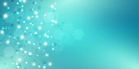 Abstract technology and innovation background with molecular structures and neural network. Molecules DNA and genetic engineering. Technical and scientific concept.