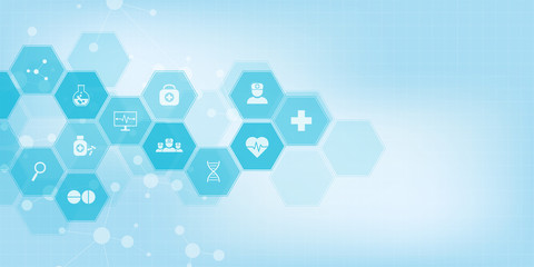 Naklejka premium Abstract medical background with flat icons and symbols. Concepts and ideas for healthcare technology, innovation medicine, health, science and research.
