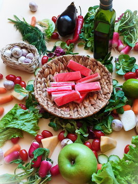 Makra Fish stickers Fresh Vegetables Assorti Red pepper Green salat Red Tomat Pomidor lilac onion garlic parsley dill  eggplant radish healthy food vegan meal vitamin  design  background