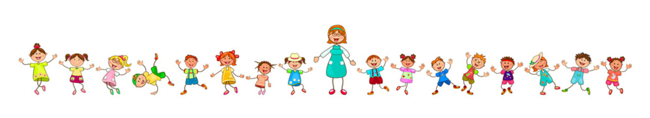 Teacher and happy kids.Joyful little kids and a teacher. A group of children with a teacher on a walk. Group of cheerful, smiling children on a white background 