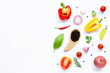 Various fresh vegetables and herbs on white. Healthy eating concept